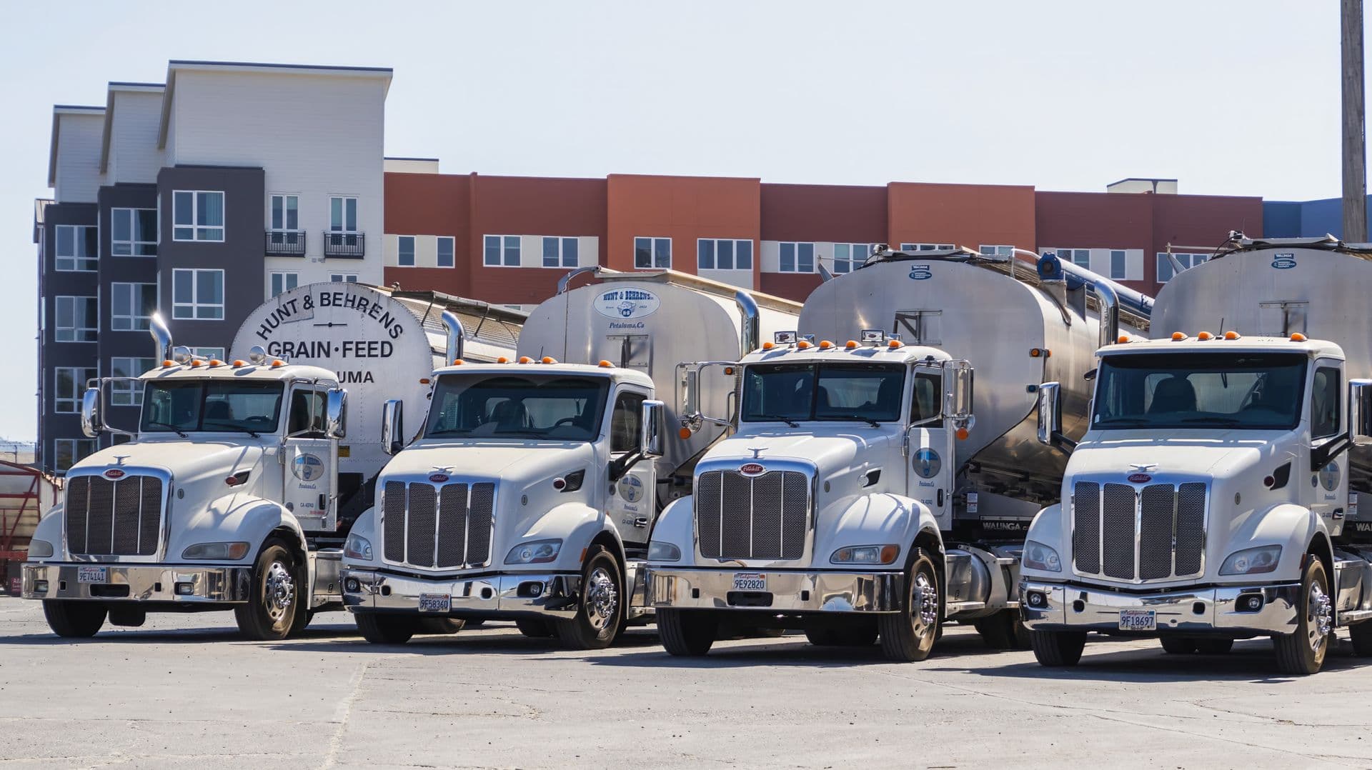 Trucks with trailers parked in an industrial yard